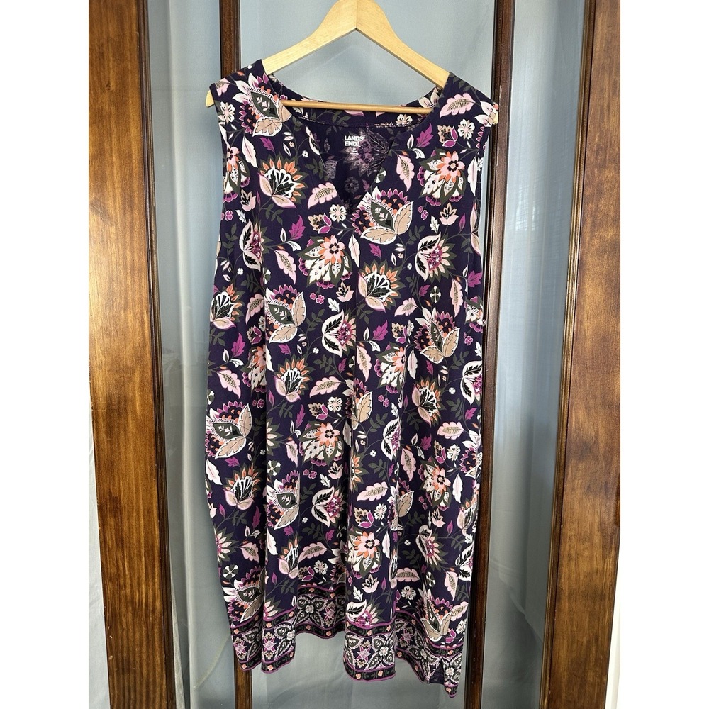 Lands End Dress Womens 3X Purple Paisley Floral Split Neck Pockets Cotton - Picture 1 of 6